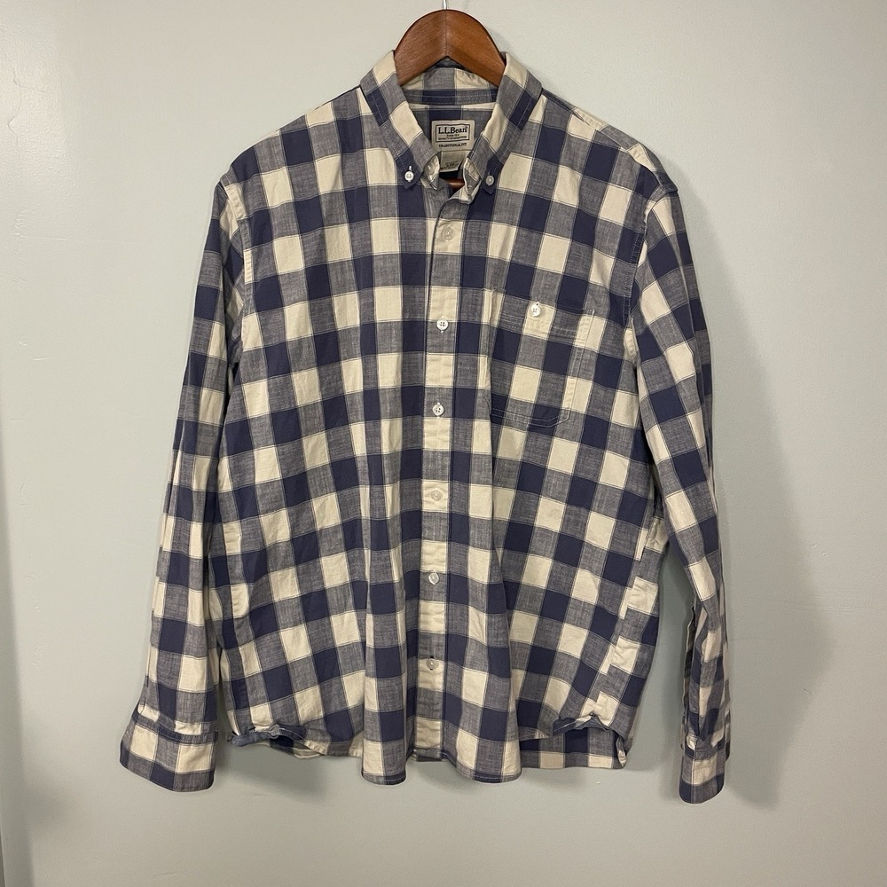 LL Bean Traditional Fit Button Down Shirt Men's Medium Blue White Plaid